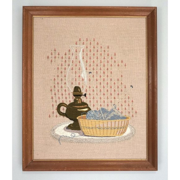 Vtg Handmade Oil Lamp Kitting Rustic Cross Stitch Embroidered Cabin Picture